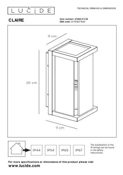 Lucide CLAIRE - Wall light Indoor/Outdoor - 1xE27 - IP54 - Anthracite - technical